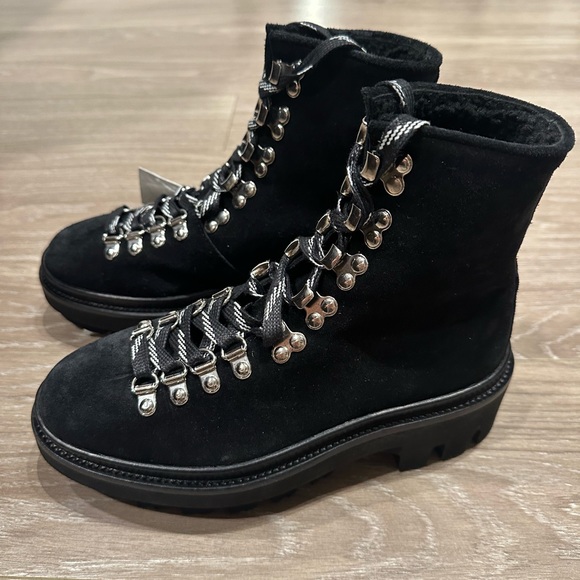 New All Saints Wanda Shearling Black Suede Hiking Combat Boots Size 36 - Picture 8 of 9